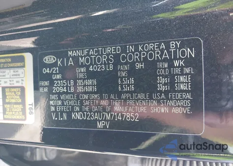 2021 Kia Soul Lx z USA, uszkodzony, nr VIN KNDJ23AU7M7147852